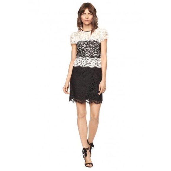 MILLY • Gabrielle Dress color block lace two tone sheath black white cocktail - Picture 7 of 14